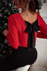 Racing Red Metallic Bowknot Open Back V Neck Top Long Sleeve Tops JT's Designer Fashion