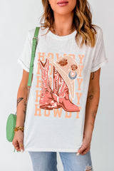 White HOWDY Cowboy Boots Graphic Crew Neck T Shirt Graphic Tees JT's Designer Fashion