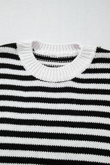 Black white Striped Drop Shoulder Bishop Sleeve Knit Sweater Sweaters JT's Designer Fashion
