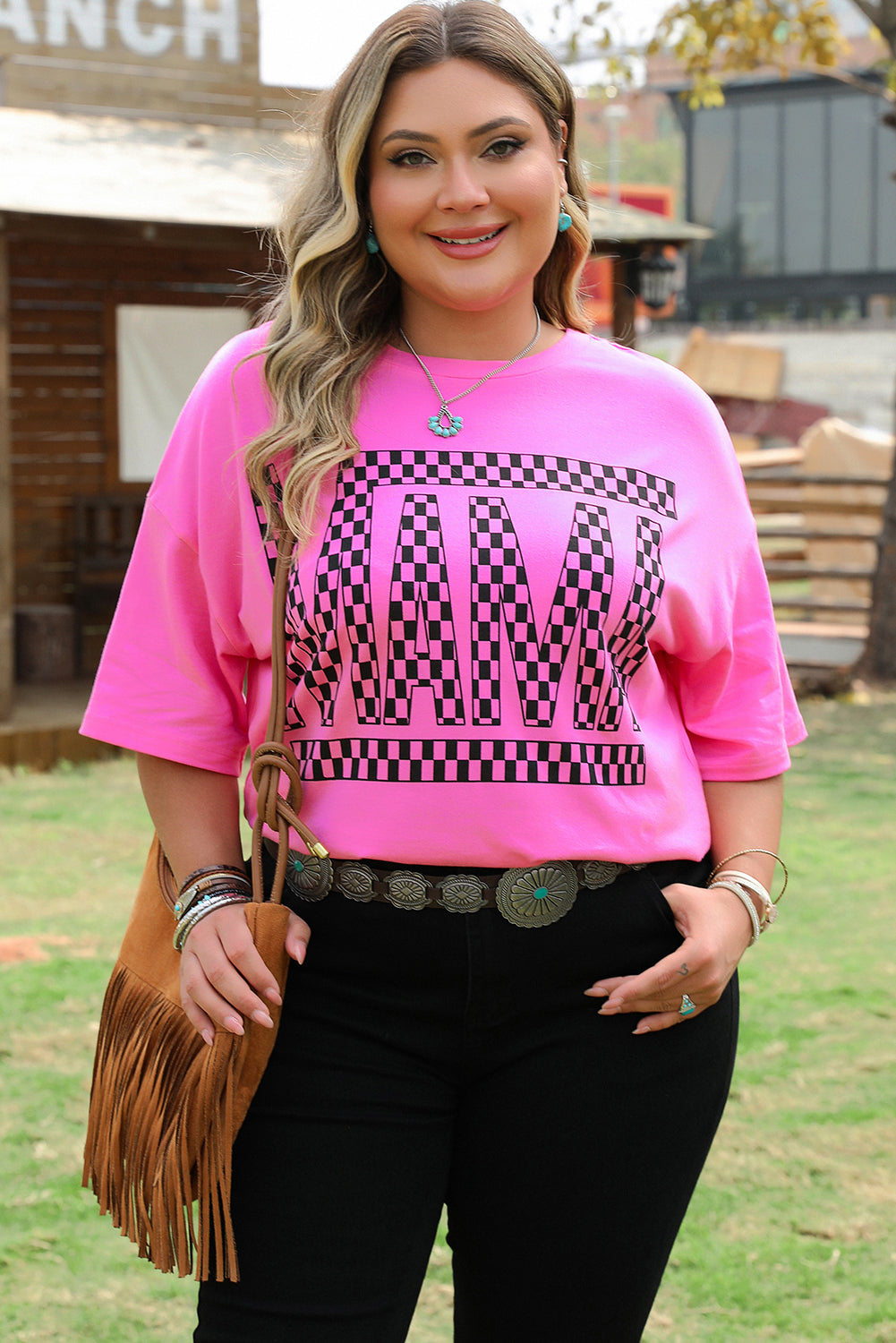 Bright Pink Checker MAMA Letter Printed Graphic Plus Size T Shirt Bright Pink 62%Polyester+32%Cotton+6%Elastane Plus Size Tops & Tees JT's Designer Fashion