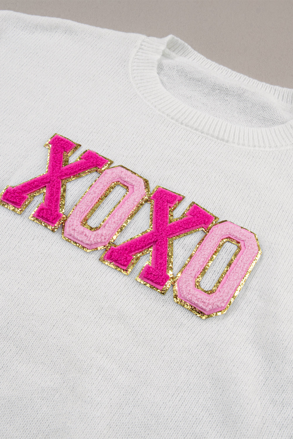 White XOXO Glitter Print Round Neck Casual Sweater Sweaters JT's Designer Fashion
