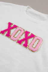 White XOXO Glitter Print Round Neck Casual Sweater Sweaters JT's Designer Fashion