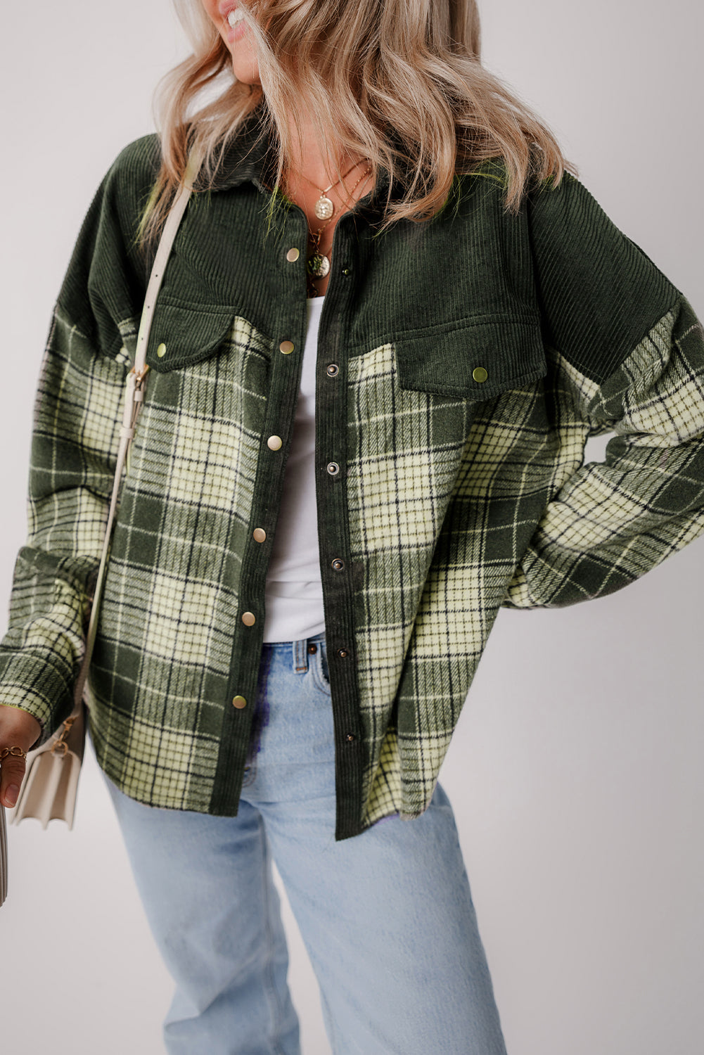 Blackish Green Snap Buttons Colorblock Plaid Shacket Plaid Shackets JT's Designer Fashion