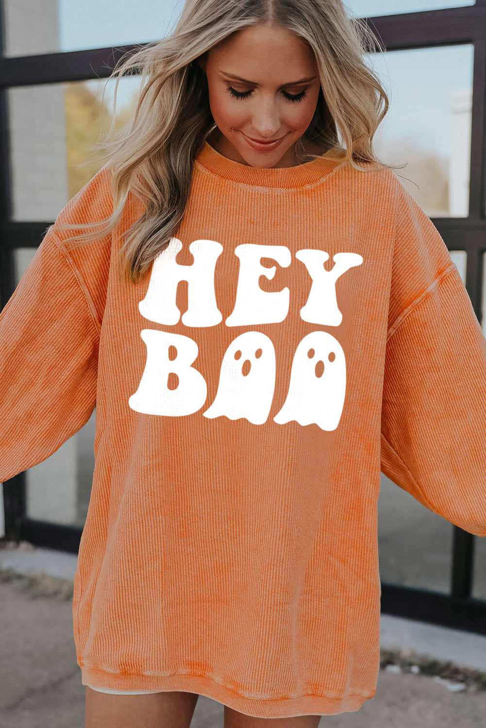 Orange Halloween Hey Boo Ghost Print Loose Sweatshirt Graphic Sweatshirts JT's Designer Fashion
