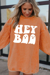 Orange Halloween Hey Boo Ghost Print Loose Sweatshirt Graphic Sweatshirts JT's Designer Fashion