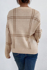 Khaki Plaid Pattern Knitted Drop Shoulder Sweater Sweaters JT's Designer Fashion