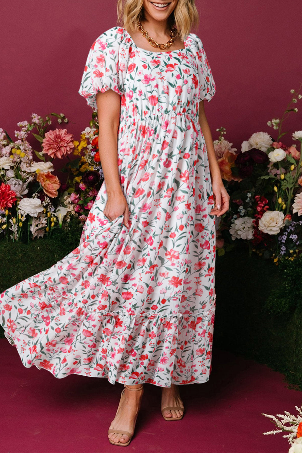 Pink Floral Puff Sleeve Square Neck Empire Waist Tiered Maxi Dress Floral Dresses JT's Designer Fashion