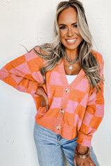 Orange Checkered Drop Shoulder Buttoned V Neck Cardigan Cardigans JT's Designer Fashion