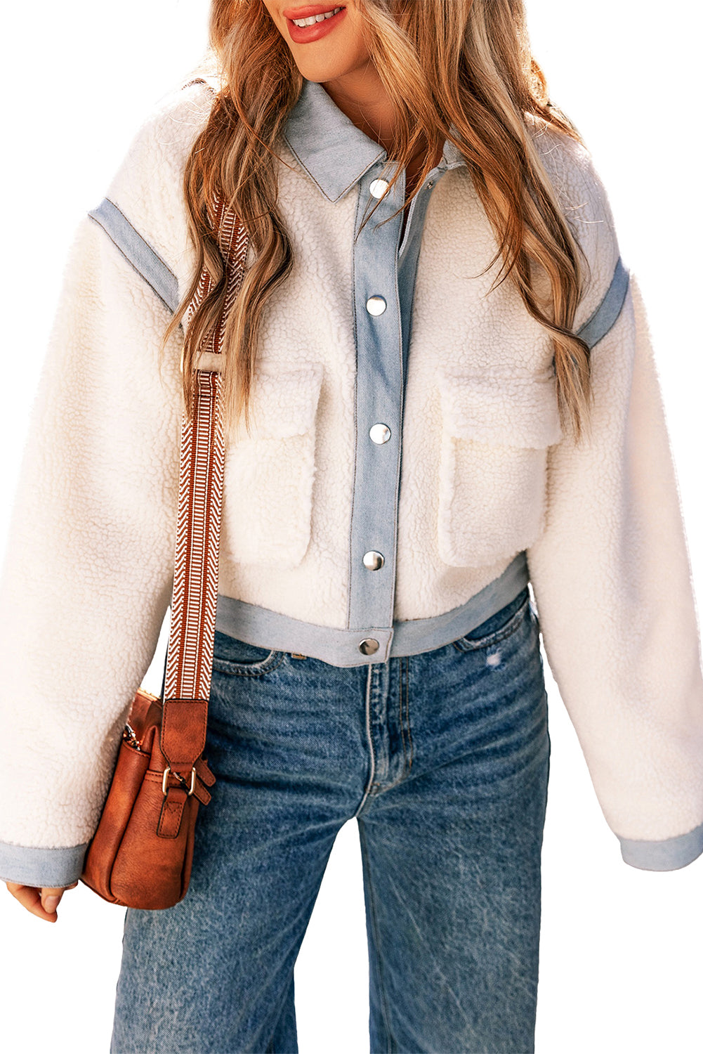 White Contrast Trim Buttoned Sherpa Jacket Jackets JT's Designer Fashion