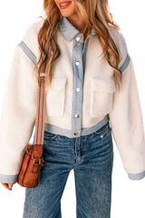 White Contrast Trim Buttoned Sherpa Jacket Jackets JT's Designer Fashion