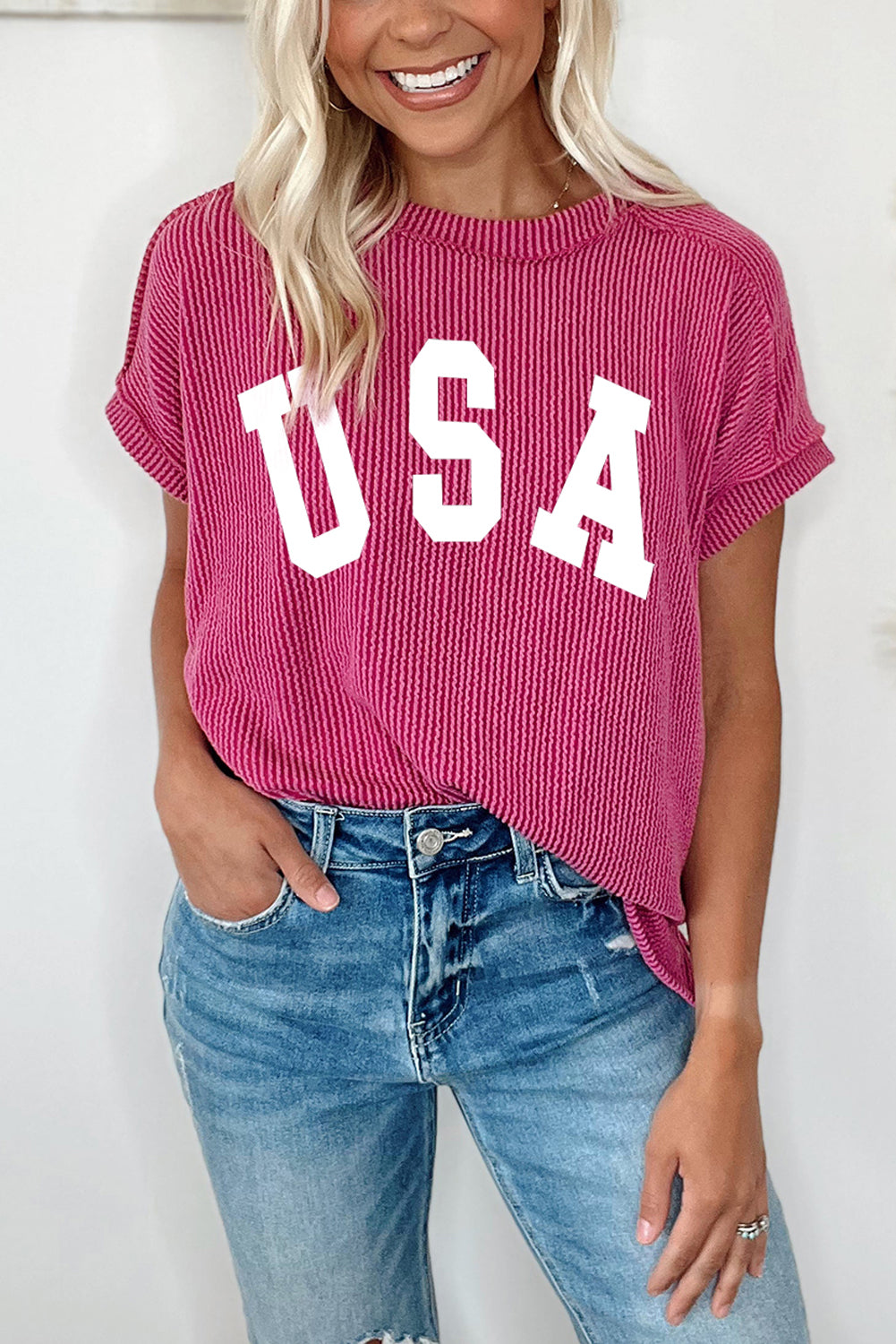 Rose Red Textured USA Graphic T Shirt Graphic Tees JT's Designer Fashion