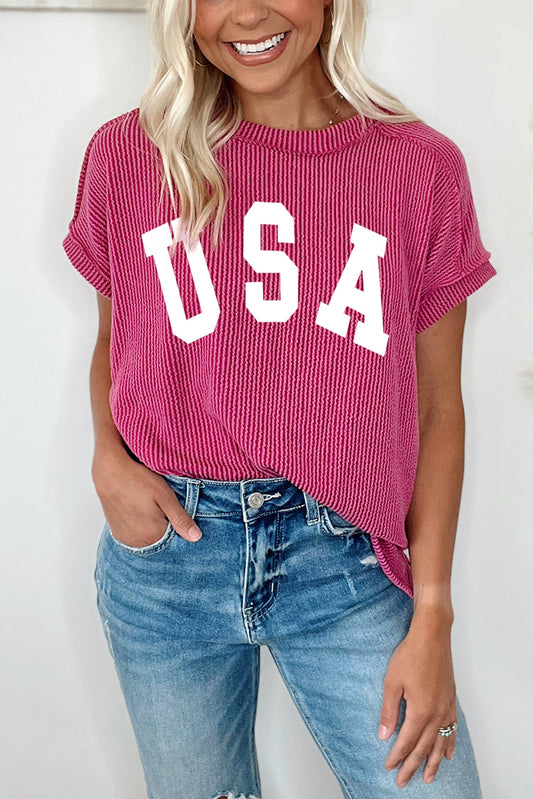 Rose Red Textured USA Graphic T Shirt Graphic Tees JT's Designer Fashion