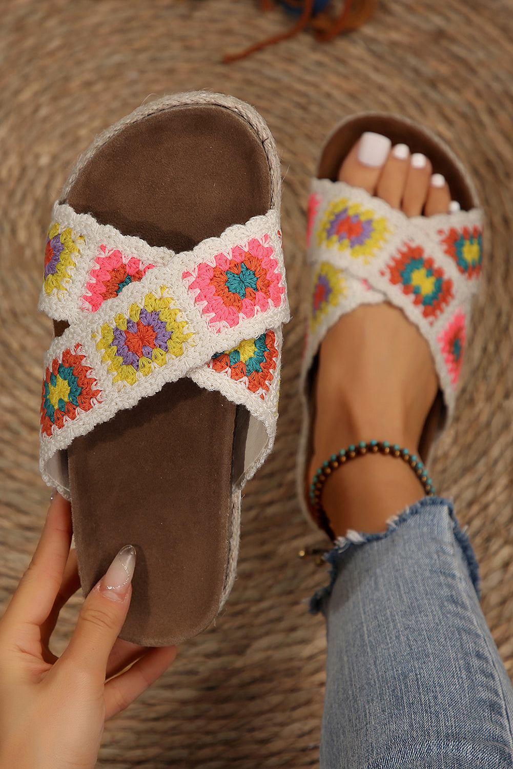 White Geometric Woven Crisscross Strap Platform Slippers Slippers JT's Designer Fashion