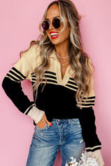 Black Colorblock Stripe Collared V Neck Sweater Sweaters JT's Designer Fashion