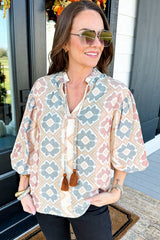 Khaki Geometric Print Tassel Tie Split Neck Balloon Sleeve Blouse Blouses & Shirts JT's Designer Fashion