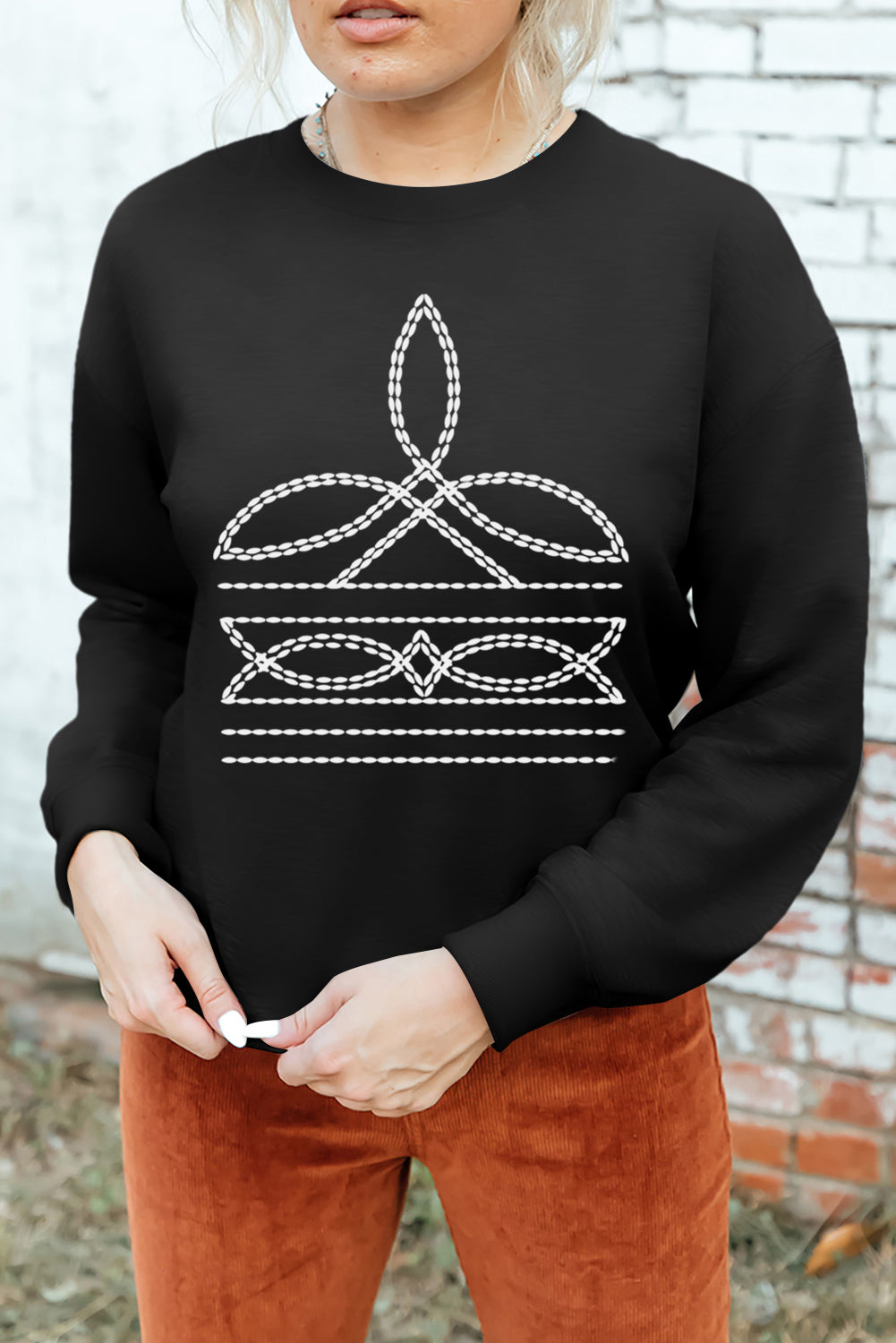 Black Western Pattern Print Round Neck Pullover Sweatshirt Graphic Sweatshirts JT's Designer Fashion