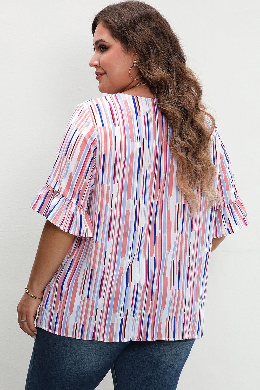 White Stripe Ruffled Short Sleeve Plus Size Blouse Plus Size Tops JT's Designer Fashion