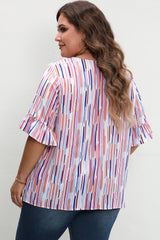 White Stripe Ruffled Short Sleeve Plus Size Blouse Plus Size Tops JT's Designer Fashion