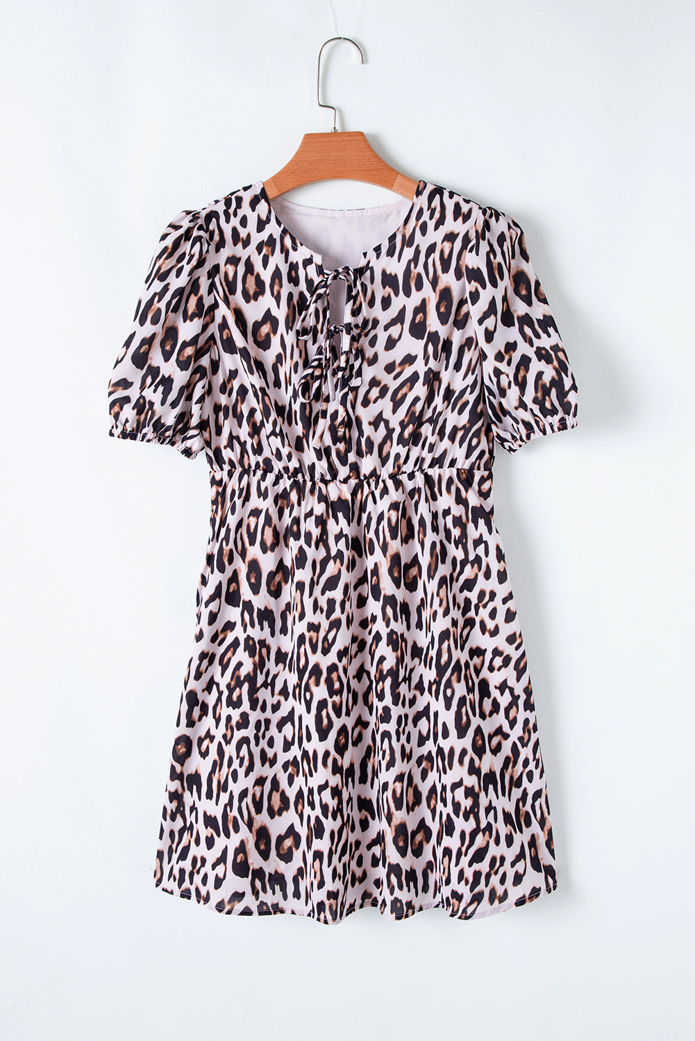 Brown Leopard Tied Front Keyhole Puff Short Sleeve Mini Dress Mini Dresses JT's Designer Fashion