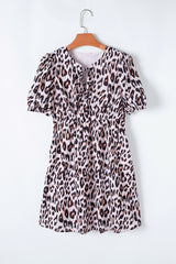 Brown Leopard Tied Front Keyhole Puff Short Sleeve Mini Dress Mini Dresses JT's Designer Fashion