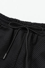 Black Textured Long Sleeve Top and Drawstring Shorts Set Short Sets JT's Designer Fashion