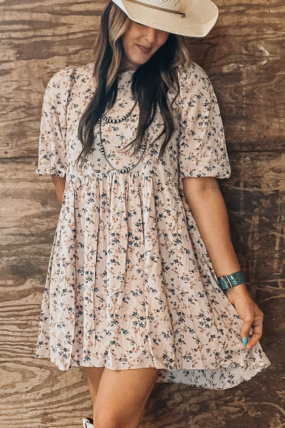 Beige Floral Puff Short Sleeve Empire Waist Mini Dress Floral Dresses JT's Designer Fashion