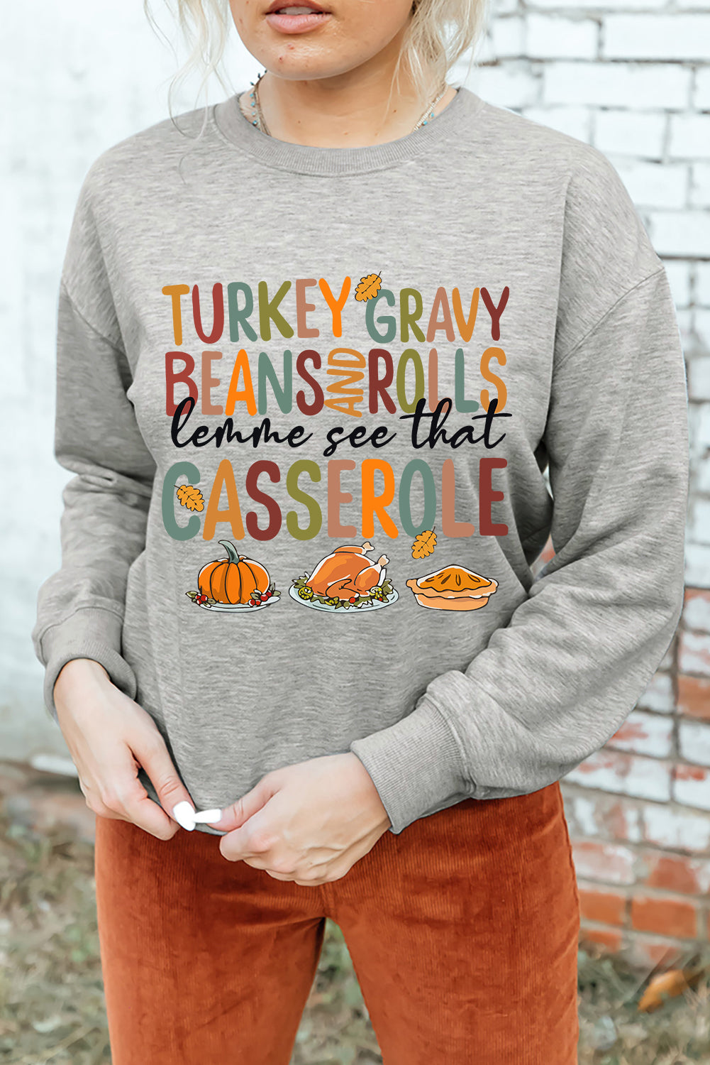 Gray Thanksgiving Slogan Pumpkin Turkey Pie Graphic Sweatshirt Graphic Sweatshirts JT's Designer Fashion