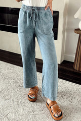 Myosotis Mineral Wash Drawstring Elastic Waistband Loose Straight Denim Pants Jeans JT's Designer Fashion