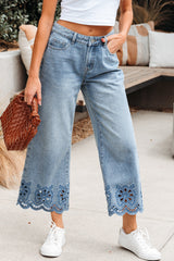 Dusk Blue Embroidered Cropped Wide Leg High Waist Jeans Jeans JT's Designer Fashion