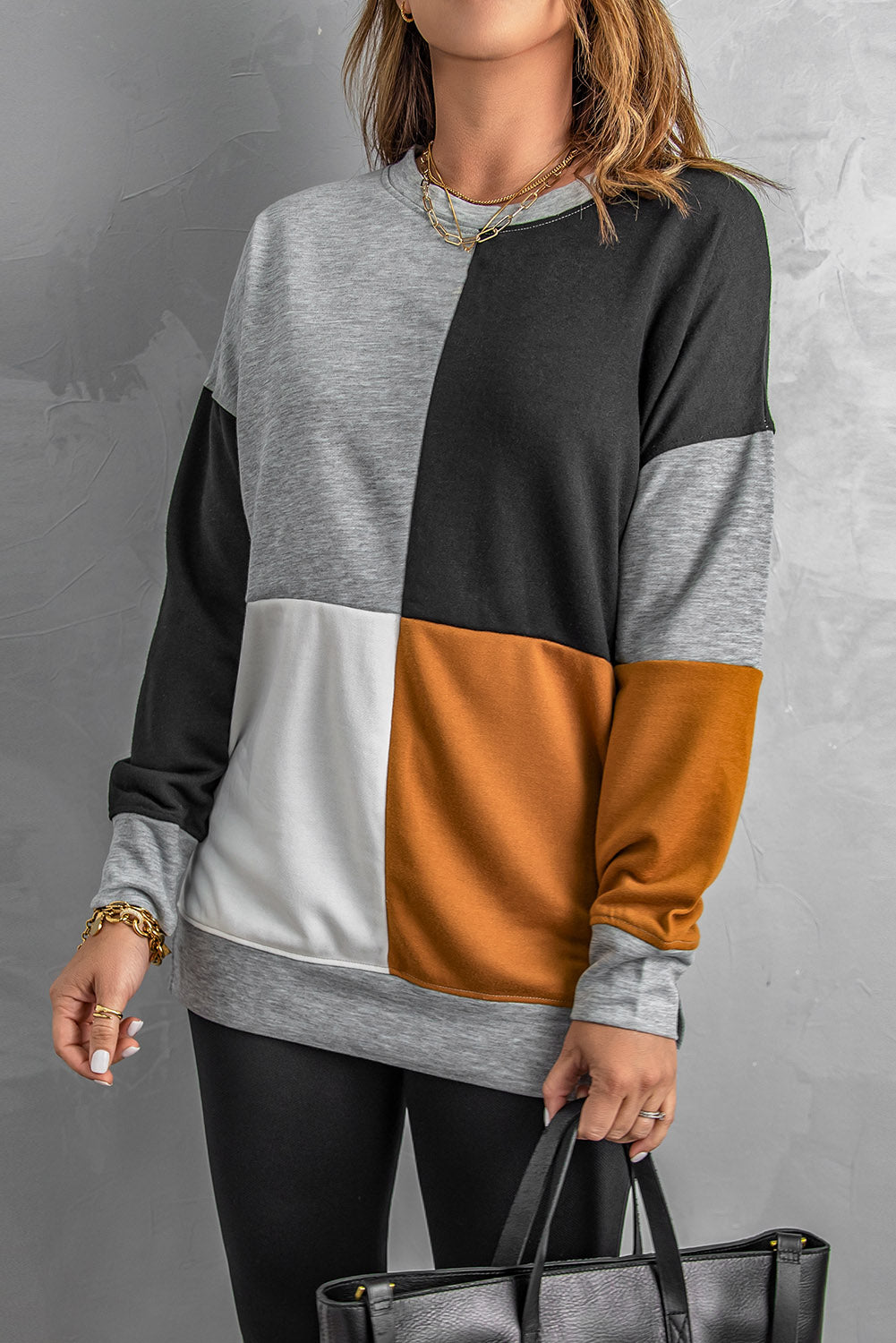 Color Block Round Neck Long Sleeves Pullover Sweatshirt Sweatshirts & Hoodies JT's Designer Fashion