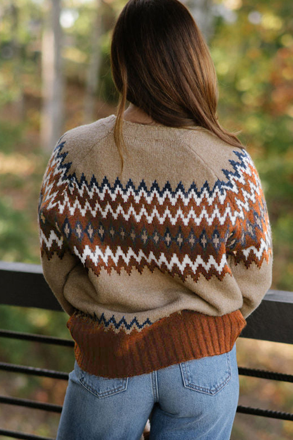 Khaki Aztec Print Colorblock Crew Neck Sweater Sweaters JT's Designer Fashion