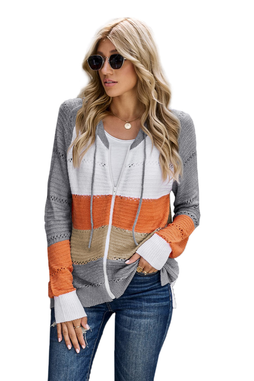 Gray Zipped Front Colorblock Hollow-out Knit Hoodie Sweatshirts & Hoodies JT's Designer Fashion