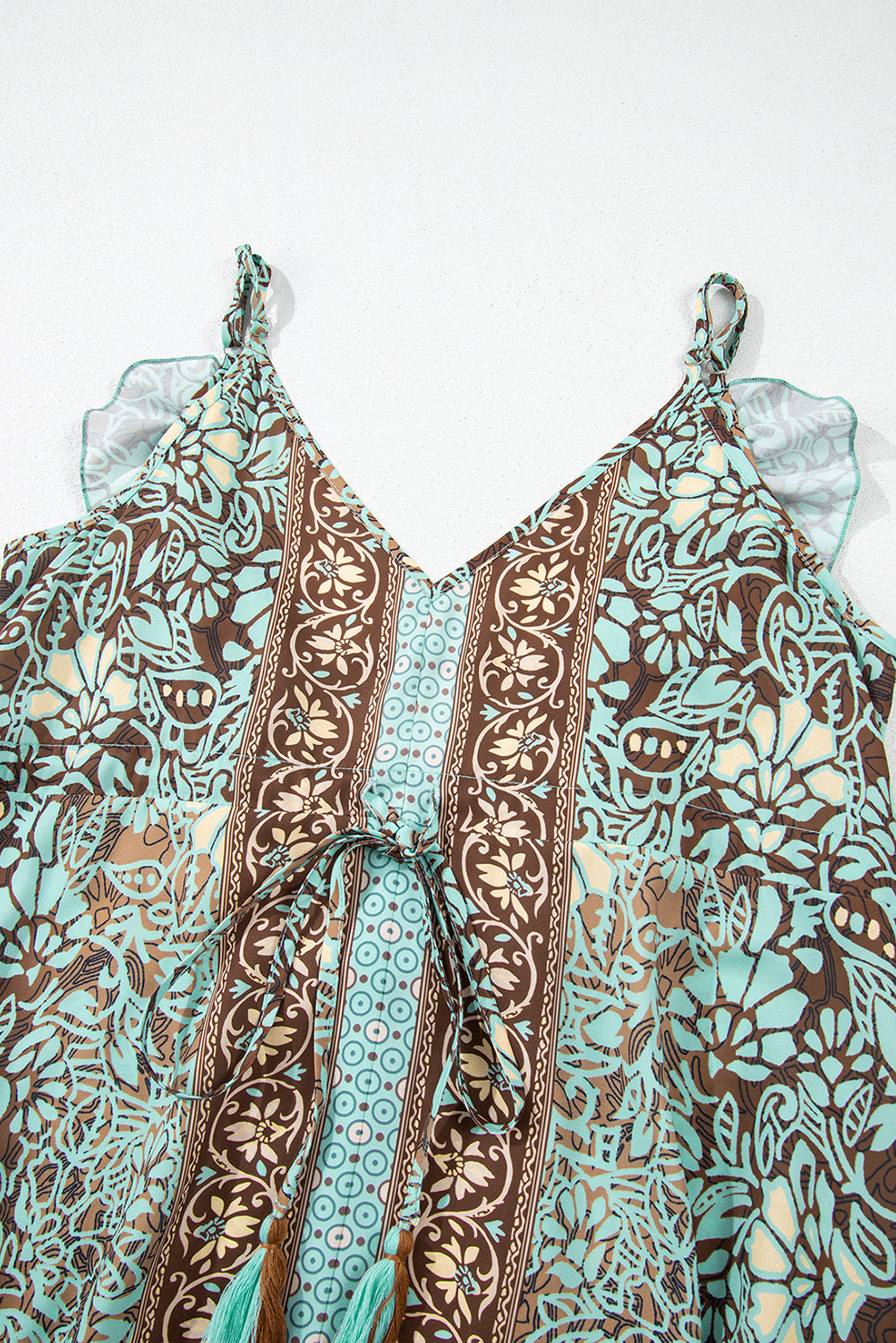 Green Floral Print V Neck Ruffled Trim Backless Tassel Waist Maxi Dress Floral Dresses JT's Designer Fashion