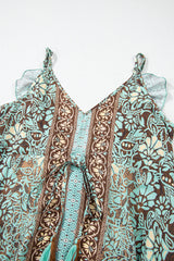 Green Floral Print V Neck Ruffled Trim Backless Tassel Waist Maxi Dress Floral Dresses JT's Designer Fashion