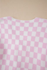 Light Pink Checkered Knitted Lace-up Ruffled 3/4 Sleeve Cardigan Cardigans JT's Designer Fashion
