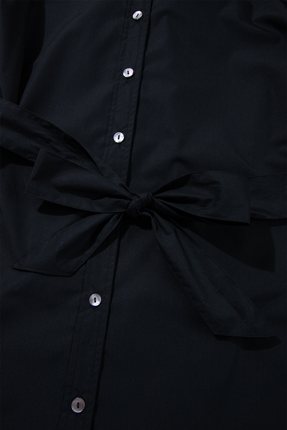 Black Button Up Tie Waist Puff Sleeve Mini Dress Mini Dresses JT's Designer Fashion