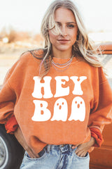 Orange Halloween Hey Boo Ghost Print Loose Sweatshirt Graphic Sweatshirts JT's Designer Fashion