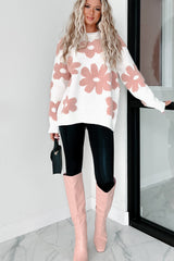 White Textured Flower Drop Shoulder Loose Sweater Sweaters JT's Designer Fashion