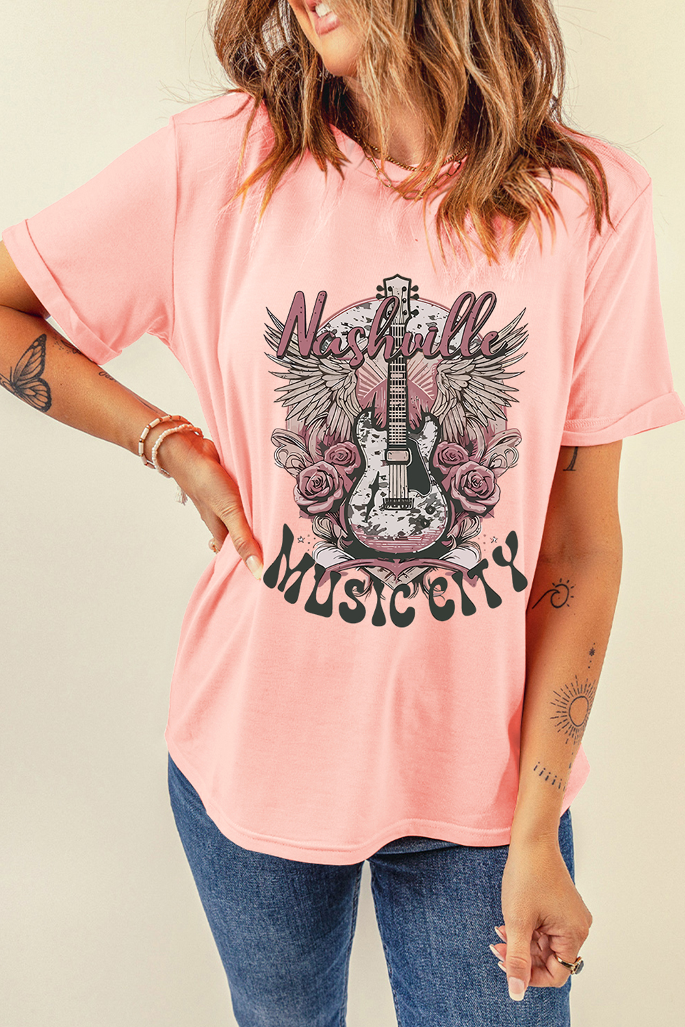 Pink Nashville MUSIC CITY Guitar Graphic Crewneck Tee Graphic Tees JT's Designer Fashion