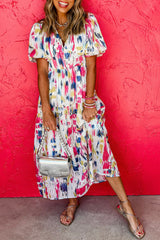Rose Abstract Print Short Puff Sleeve Tiered Long Dress Rose 100%Polyester Maxi Dresses JT's Designer Fashion