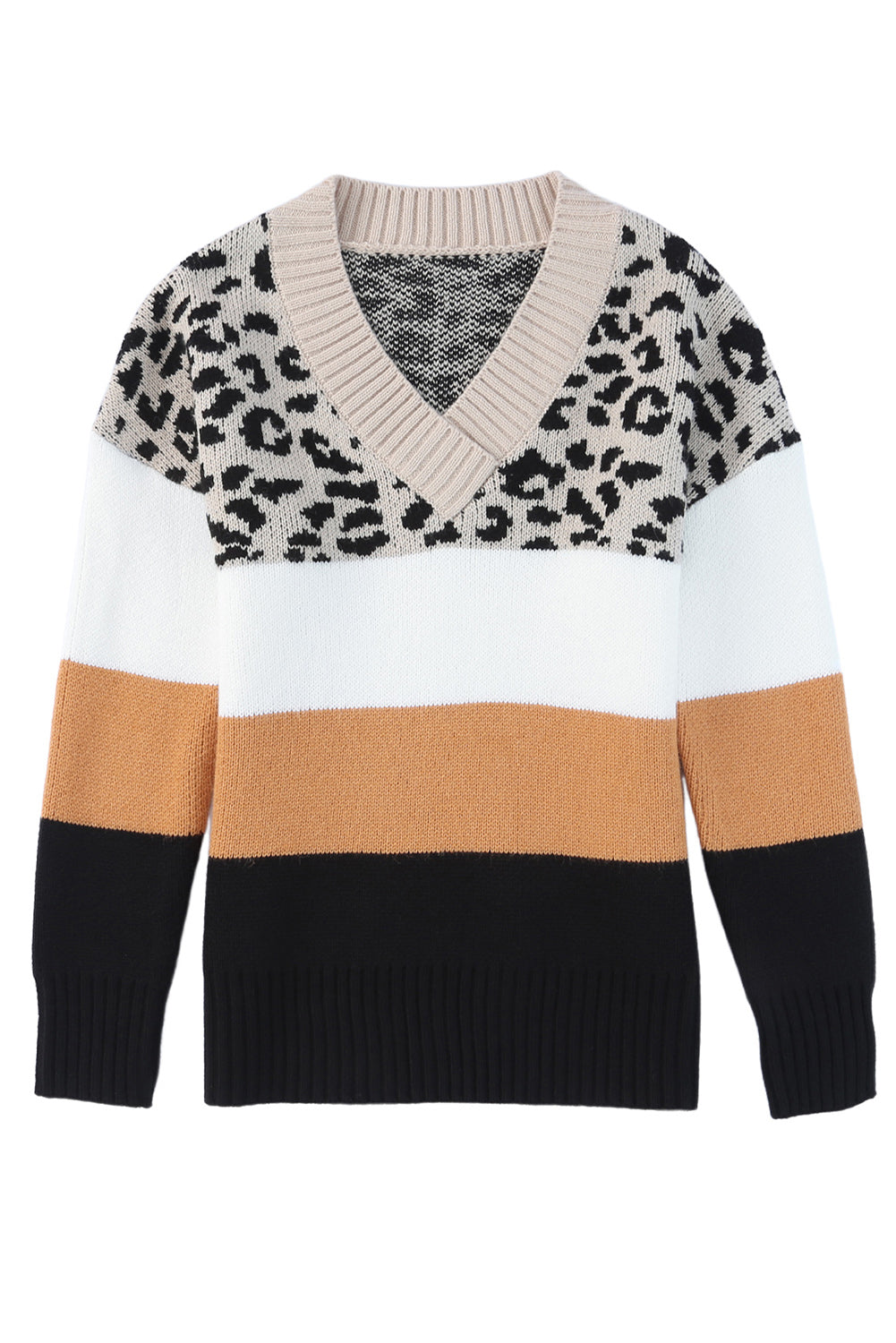 Khaki Leopard Color Block Long Sleeve Sweater Sweaters & Cardigans JT's Designer Fashion
