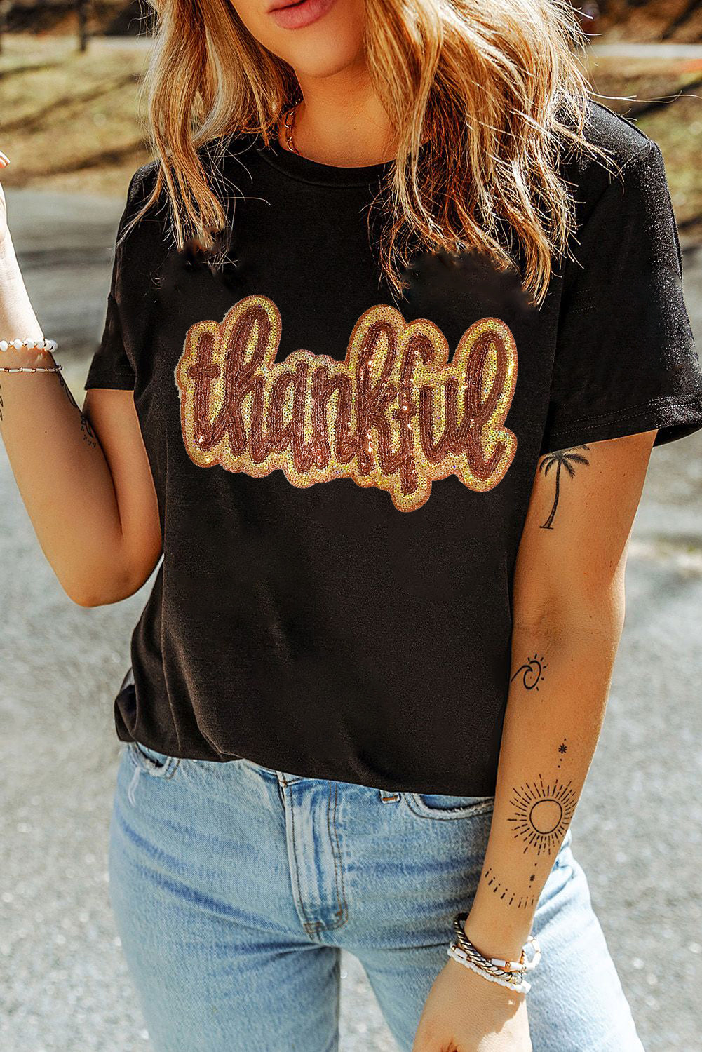 Black Sequined Thankful Round Neck Graphic Tee Graphic Tees JT's Designer Fashion