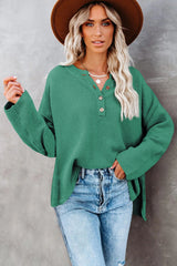 Green Henley Pullover Drop Shoulder Sweater with Slits Sweaters JT's Designer Fashion
