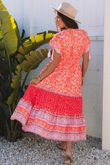 Red Floral Print Tasseled Tied Sleeve Empire Waist Maxi Dress Floral Dresses JT's Designer Fashion