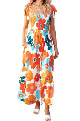 Orange Floral Self Tied Straps Smocked Bust Maxi Dress Floral Dresses JT's Designer Fashion