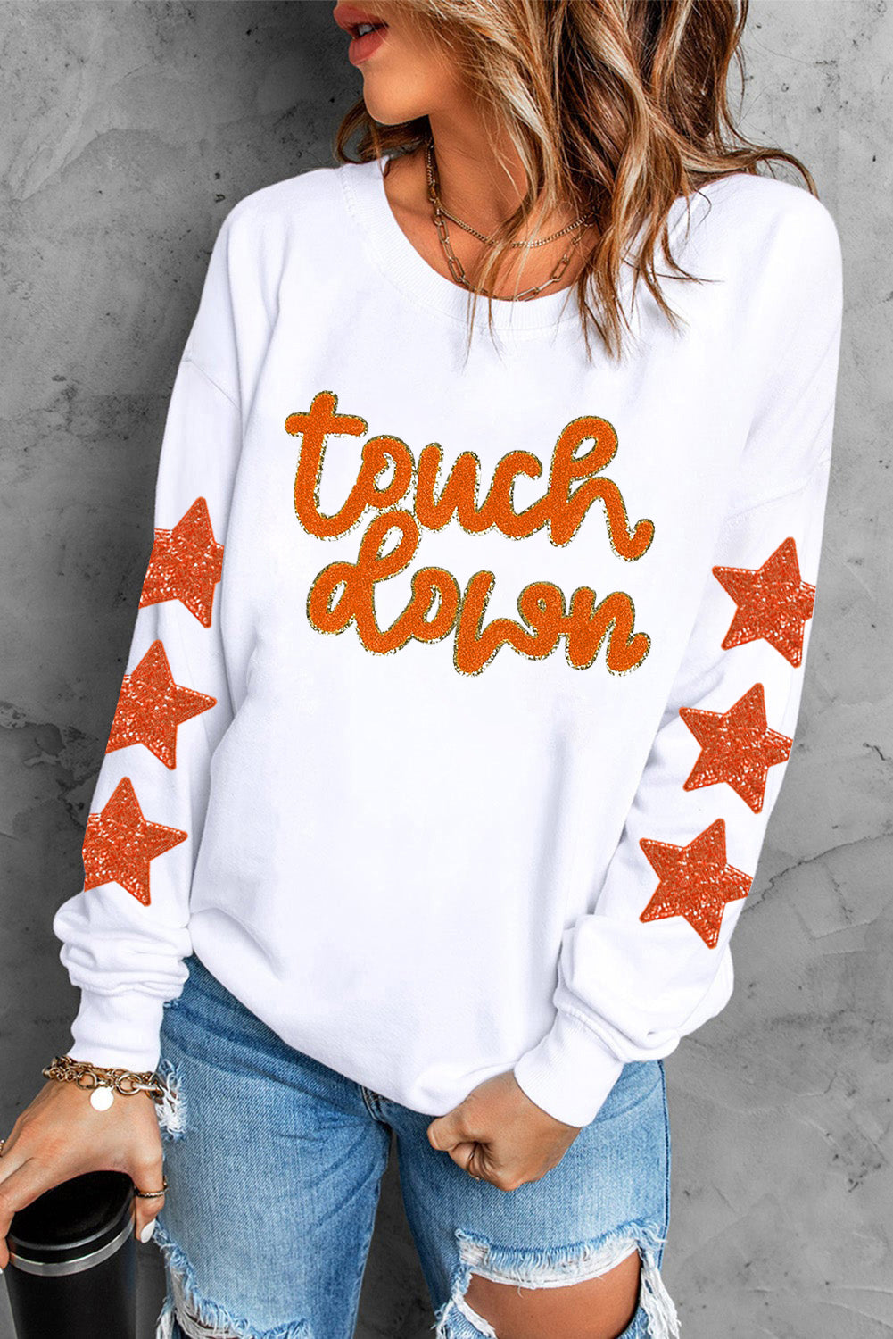 Beige Glittering Touch Down Patched Pattern Star Sleeve Sweatshirt Graphic Sweatshirts JT's Designer Fashion