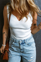 White Textured Notched V Neck Slim Fit Knit Vest Sweaters & Cardigans JT's Designer Fashion
