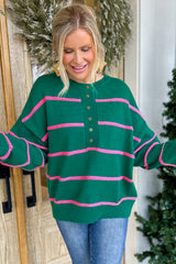 Green Stripe Half Buttons Drop Shoulder Oversized Sweater Sweaters JT's Designer Fashion