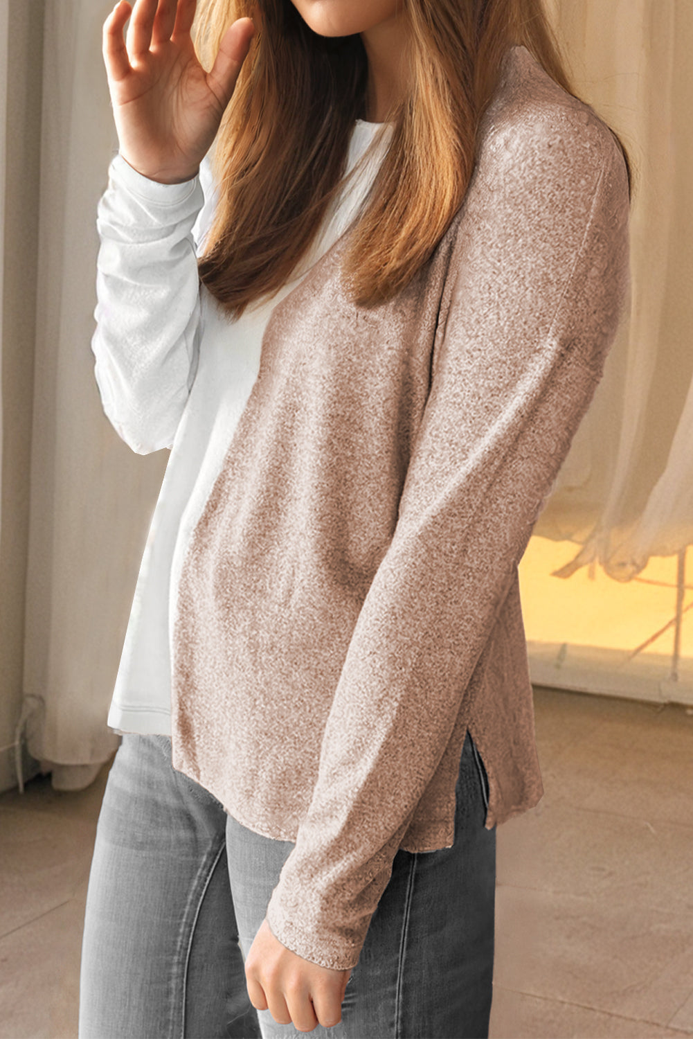 Khaki Colorblock Long Sleeve Crew Neck Top Long Sleeve Tops JT's Designer Fashion