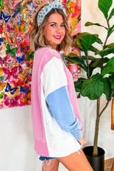 Bonbon Color Block Exposed Seam Side Slits Crewneck Sweatshirt Sweatshirts & Hoodies JT's Designer Fashion